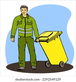 garbage disposal worker in protective clothing working at  utility company. garbage collector loading waste from dumpster. scavenger works to empty garbage cans for garbage collection