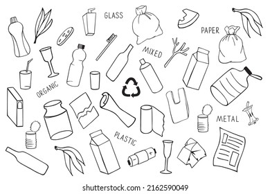 Garbage drawing icon set illustration line art. Trash can. Recycling of different materials.