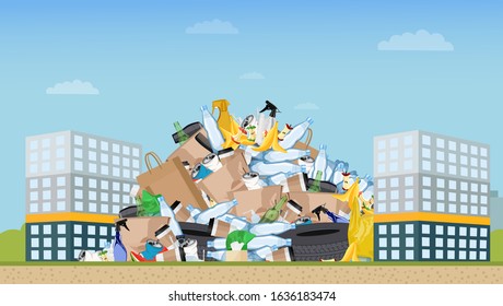 Garbage dump or landfill on a urban landscape background symbol of pollution environment. Vector illustration