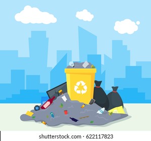 Garbage Dump or Landfill on a Urban Landscape Background Symbol of Pollution Environment. Vector illustration