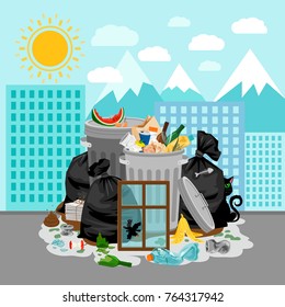 Garbage dump or landfill on a urban landscape background, vector illustration