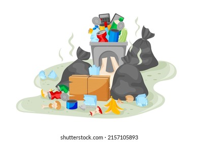 Garbage dump. Paper or plastic, metal and glass environmental waste. Unsorted rubbish. Stinking trash bags and dustbins. Disposal containers and litter heaps. Vector ecology background