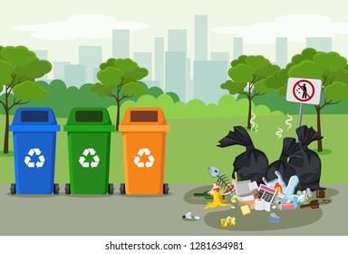 Garbage dump with rubbish bin for recycling in park. Different types of waste. Trash laying on the street. Environmental conservation vector infographics