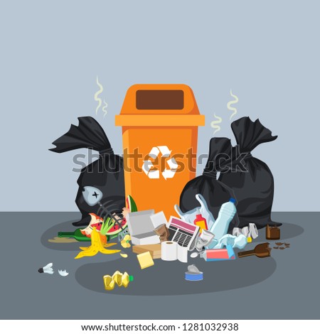 Garbage dump with rubbish bin for recycling. Different types of waste. Trash laying on the street. Environmental conservation vector infographics