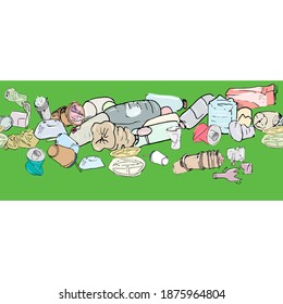 Garbage, dump, a set of crumpled bottles, cans, cups. Seamless vector background.