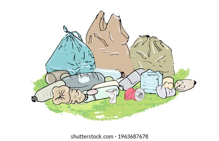 Garbage, dump, a set of crumpled bottles, cans, cups, bags of garbage on the grass.