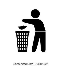 Garbage element silhouette of a man throwing trash into a basket on the white background, vector illustration