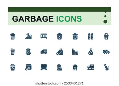 Garbage filled icons set. Including trash bin, compost, landfill, recycling, waste management, litter and more. Minimal solid icon collection.