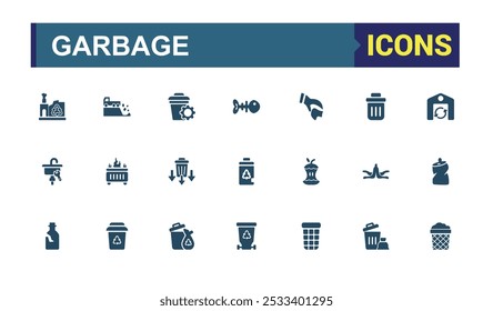 Garbage filled icons set. Including trash bin, compost, landfill, recycling, waste management, litter and more. Minimal solid icon collection.