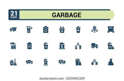 Garbage filled icons set. Including trash bin, compost, landfill, recycling, waste management, litter and more. Minimal solid icon collection.