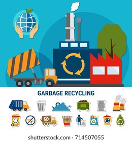 Garbage flat emoji icons collection with pictograms and composition of waste recycling plant and rubbish truck images vector illustration