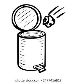Garbage flies into an open trash can hand drawn doodle. Interior Design. House cleaning. Vector outline line art illustration.
