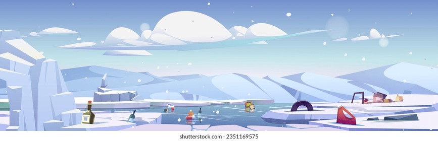Garbage floating in ocean between ice floes. Vector cartoon illustration of snowy landscape contaminated with waste glass, cardboard, plastic, metal, rubber trash. Natural disaster, climate change