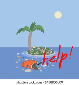 Garbage floating in the ocean with the fish asking for help. Vector illustration.