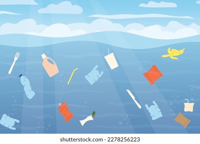 garbage floating in polluted ocean, save environment, oceans concept - vector illustration