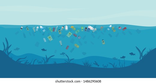 Garbage floating in the water.Water pollution environment conceptual vector illustration.
