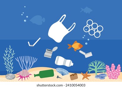 Garbage floats in sea. Ocean plastic pollution, environmental disaster, save planet, underwater bags, cans and bottles, vector illustration.eps
