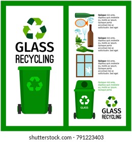 Garbage green container info with glass trash elements, vector illustration