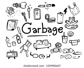 Garbage hand draw doodle. Vector illustration can use for icon, coloring, symbols, print, web, logo on white background