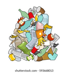 Garbage heap  isolated. Pile Rubbish. Stack trash. litter background. peel from banana and stub. Tin and old newspaper. Bone and packaging. Crumpled paper and plastic bottle