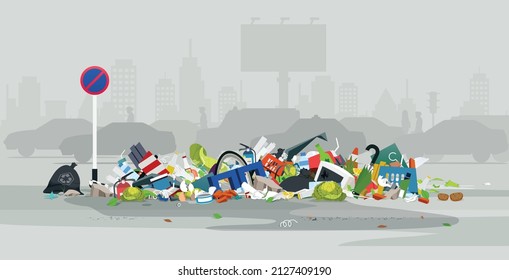 Garbage heap at a traffic sign on a city street.