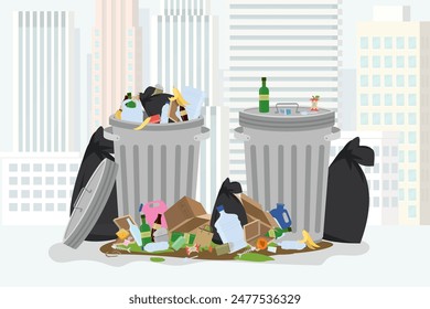 Garbage heaps around trash cans. Big smelly pile of garbage, urban view on background. Bad smell trash. Problems of disposal of household and organic garbage in city. Wrong waste management. vector