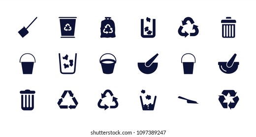 Garbage icon. collection of 18 garbage filled icons such as bucket, trash bin, dustpan, recycle, trash bag. editable garbage icons for web and mobile.