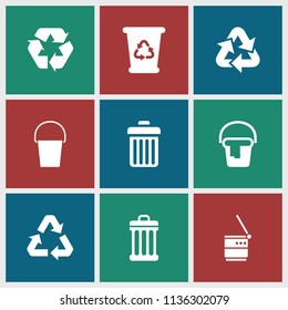 Garbage icon. collection of 9 garbage filled icons such as recycle bin, recycle, trash bin. editable garbage icons for web and mobile.