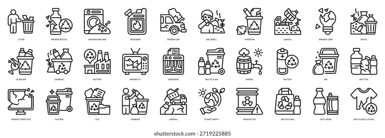 Estilo de línea de colección de icono de basura. Contiene basura, botella rota, lavadora, queroseno, coche roto, mal olor