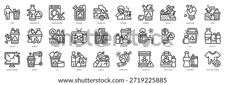 Garbage icon collection line style. Containing Litter, Broken Bottle, Washing Machine, Kerosene, Broken Car, Bad Smell