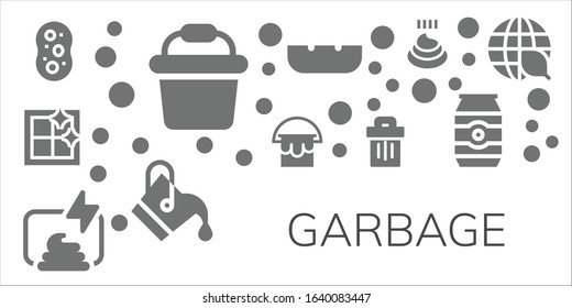 garbage icon set. 11 filled garbage icons. Included Sponge, Bucket, Clean window, Compost, Trash, Ashtray, Poo, Can, Ecology icons