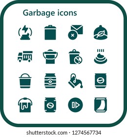  garbage icon set. 16 filled garbage icons. Simple modern icons about  - Manure, Garbage, Delete, Ecologism, Garbage truck, Bucket, Trash, Poo, Can, Skip