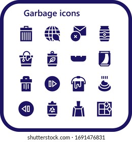 garbage icon set. 16 filled garbage icons.  Simple modern icons such as: Trash, Ecology, Delete, Can, Bucket, Ashtray, Skip, Poo, Dustpan, Clean window