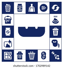 garbage icon set. 17 filled garbage icons.  Simple modern icons such as: Trash can, Bucket, Can, Ashtray, Compost, Poo, Trash, Leash dog, Clean window, Dustpan, Waste, Skip, Sponge