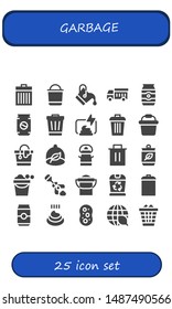 garbage icon set. 25 filled garbage icons.  Simple modern icons about  - Trash, Bucket, Garbage truck, Can, Compost, Ecologism, Poop, Poo, Sponge, Ecology, Waste