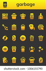 garbage icon set. 26 filled garbage icons.  Collection Of - Clean window, Can, Bucket, Dustpan, Poop, Trash, Leash dog, Ecology, Recycle, Sponge, Skip, Trash can, Waste, Recycling