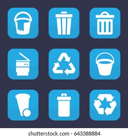 Garbage icon. set of 9 filled garbage icons such as bucket, trash bin, recycle