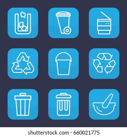 Garbage icon. set of 9 outline garbage icons such as trash bin, bucket, recycle