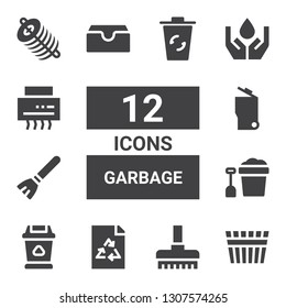 garbage icon set. Collection of 12 filled garbage icons included Bucket, Broom, Ecologism, Trash, Garbage, Inbox, Ecology, Shredder, Dung, Recycling bin