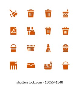 garbage icon set. Collection of 16 filled garbage icons included Bucket, Ashtray, Inbox, Delete, Garbage, Broom, Trash, Dustpan, Ecologism, Clean