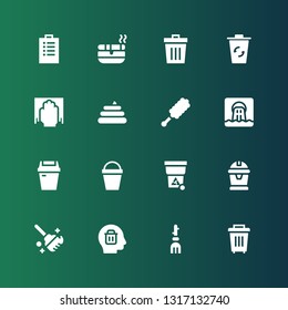 garbage icon set. Collection of 16 filled garbage icons included Trash, Broom, Delete, Clean, Garbage, Bucket, Waste, Duster, Poo, Cleaning, Recycling bin, Ashtray, Padnote