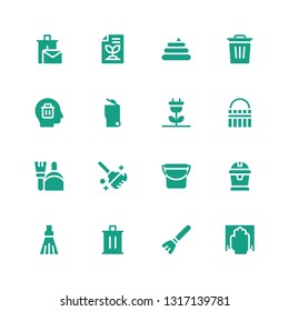 garbage icon set. Collection of 16 filled garbage icons included Cleaning, Broom, Trash, Garbage, Bucket, Clean, Dustpan, Renewable energy, Delete, Poo, Recycled paper, Recycle bin