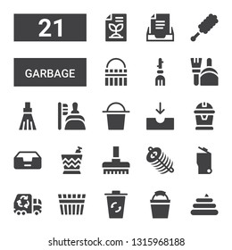 garbage icon set. Collection of 21 filled garbage icons included Poo, Bucket, Recycling bin, Garbage truck, Dung, Broom, Inbox, Dustpan, Duster, Recycled paper