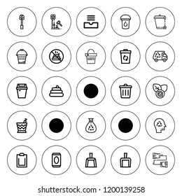 Garbage icon set. collection of 25 outline garbage icons with bucket, can, carpet beater, bin, cans, dustpan, inbox, no poop, padnote, poo, recycle bin icons. editable icons.