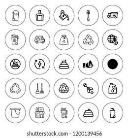 Garbage icon set. collection of 25 outline garbage icons with bucket, carpet beater, broom, bin, dustpan, eco energy, ecology, global warming, no poop icons. editable icons.