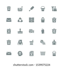 garbage icon set. Collection of 25 filled garbage icons included Bucket, Recycled paper, Delete, Inbox, Dustpan, Dung, Trash, Recycling bin, Garbage, truck, Broom, Waste