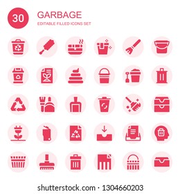 garbage icon set. Collection of 30 filled garbage icons included Recycling bin, Duster, Ashtray, Bucket, Broom, Trash, Recycled paper, Poo, Recycling, Dustpan, Clean, Renewable energy