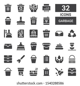 garbage icon set. Collection of 32 filled garbage icons included Inbox, Clean, Trash, Ashtray, Bucket, Ecology, Padnote, Broom, Inboxes, Renewable energy, Poo, Recycle, Waste