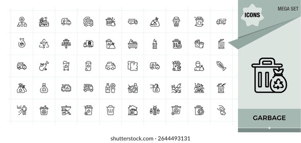Garbage icon set. Minimal icons collection. Contains outline symbols like bin, dustbin, junk, pollution, rubbish, trash. Editable stroke. Vector illustration. Waste icon set in linear style.