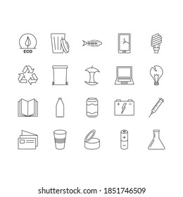Garbage icon set. Rubbish icon collection. Editable stroke vector, isolated at white background.